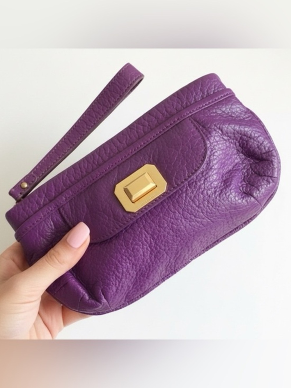 Juicy Couture Y2K Purple Pebbled Leather Wristlet Clutch Gold Hardware 8 1/2”in